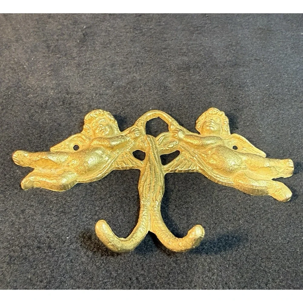 Vintage Brass Cherub Wall Hook - Ornate Cupid Double Key & Towel Hanger